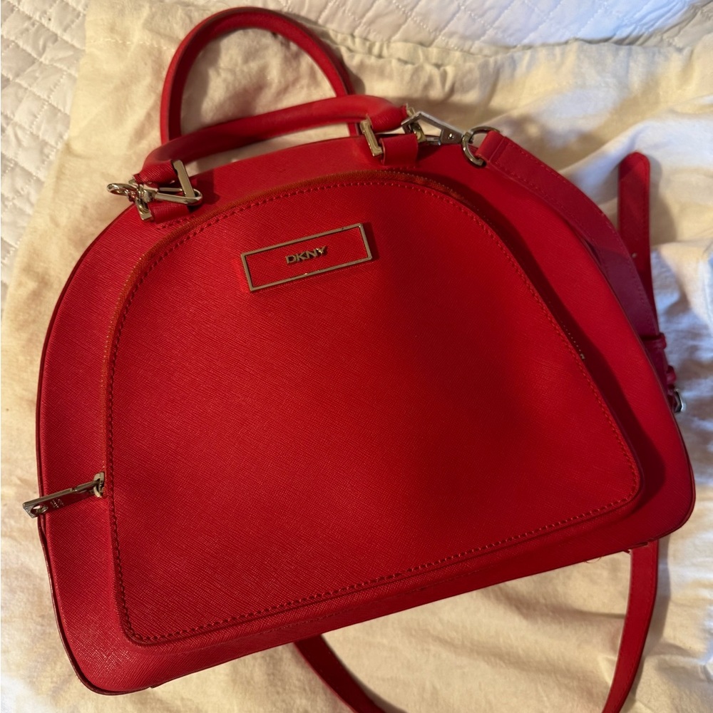 DKNY Red Leather Dome Satchel with Detachable Strap - Picture 3 of 4